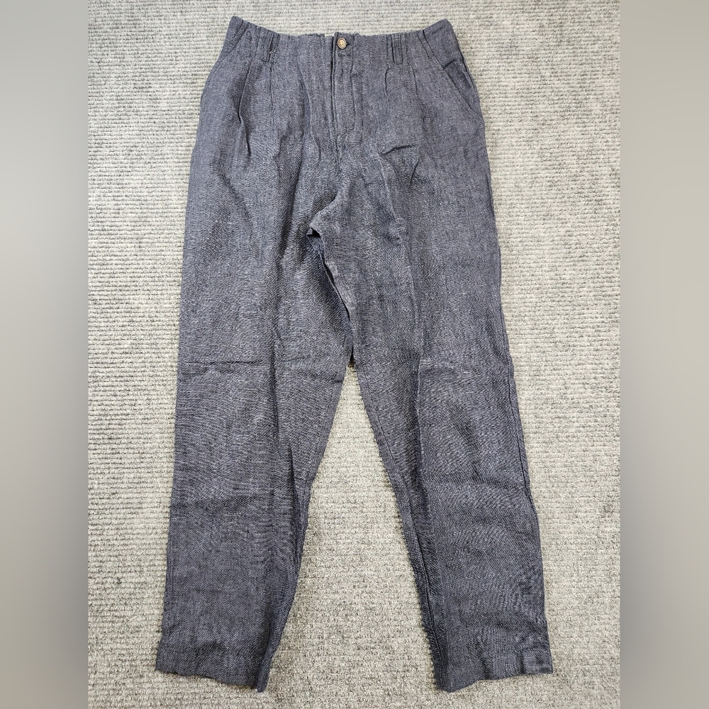 Garnet Hill Pants Womens Blue Linen Hi Rise Straight Leg Lagenlook Coastal 28"